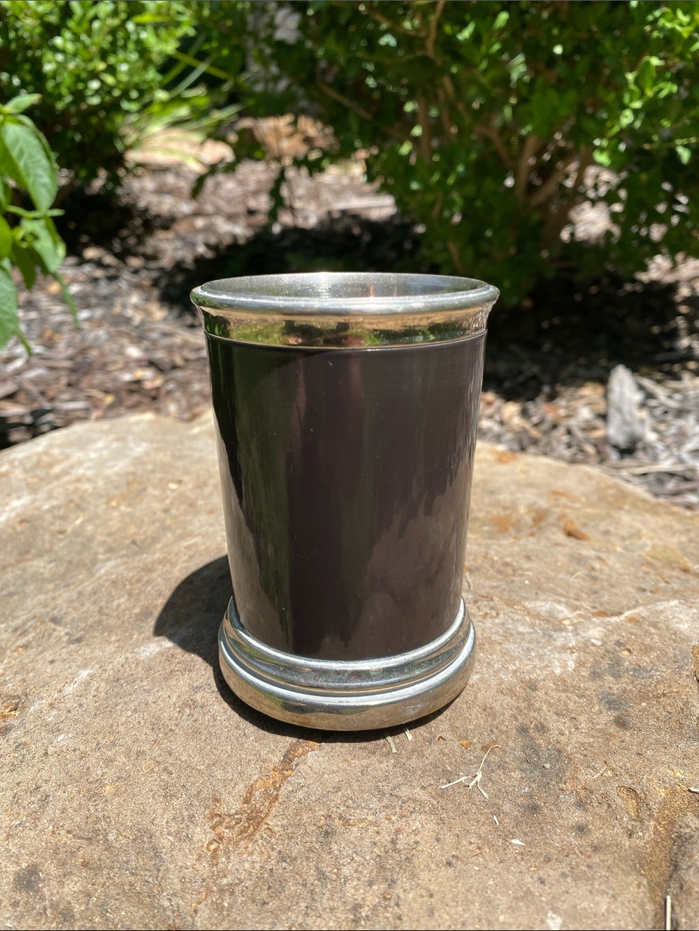 Silver-Trimmed Dark Brown Cylindrical Tumbler